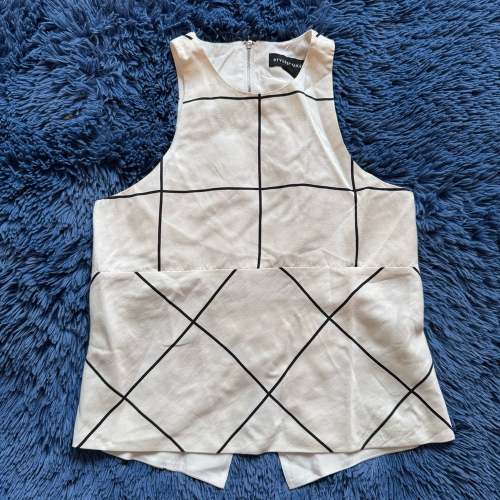 Stylestalker Womens Sleeveless White Grid Checker Print Linen Sz Small